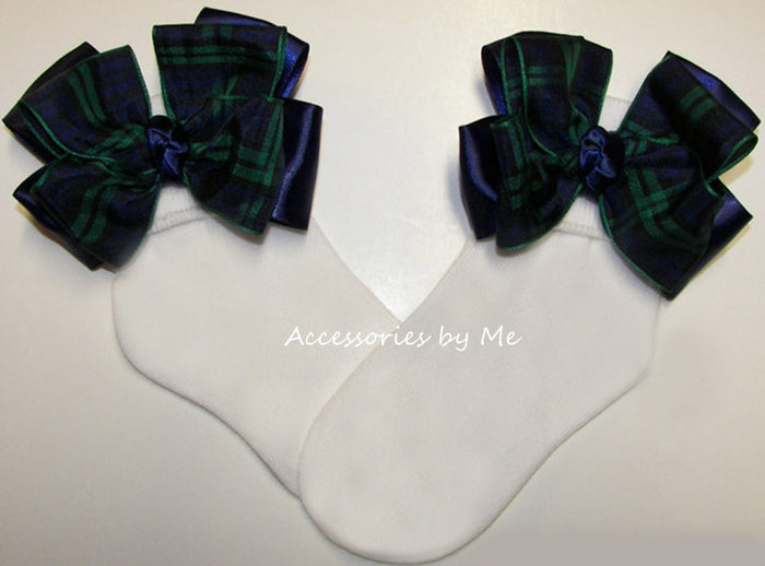 Blackwatch Tartan Plaid Navy Blue Green Bow Socks