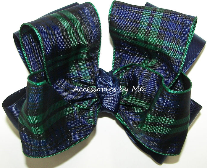 Blackwatch Navy Blue Green Plaid Hair Bow