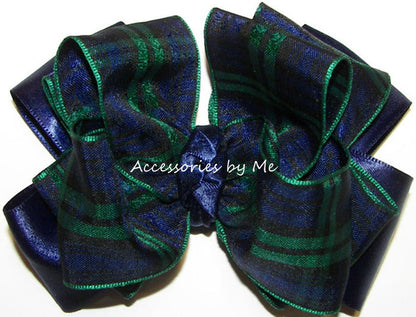 Blackwatch Tartan Plaid Navy Blue Green Hair Bow