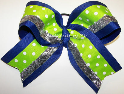 Royal Blue, Lime Polka Dots, Silver Glitter Ribbon, Cheer Bow