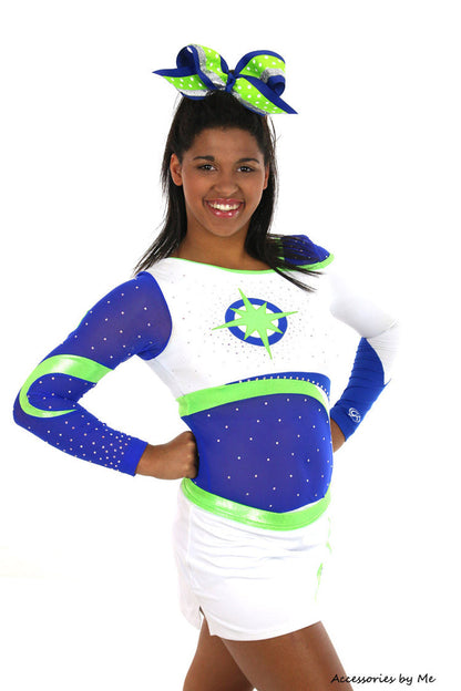 Royal Blue, Lime Polka Dots, Silver Glitter Ribbon, Cheer Bow