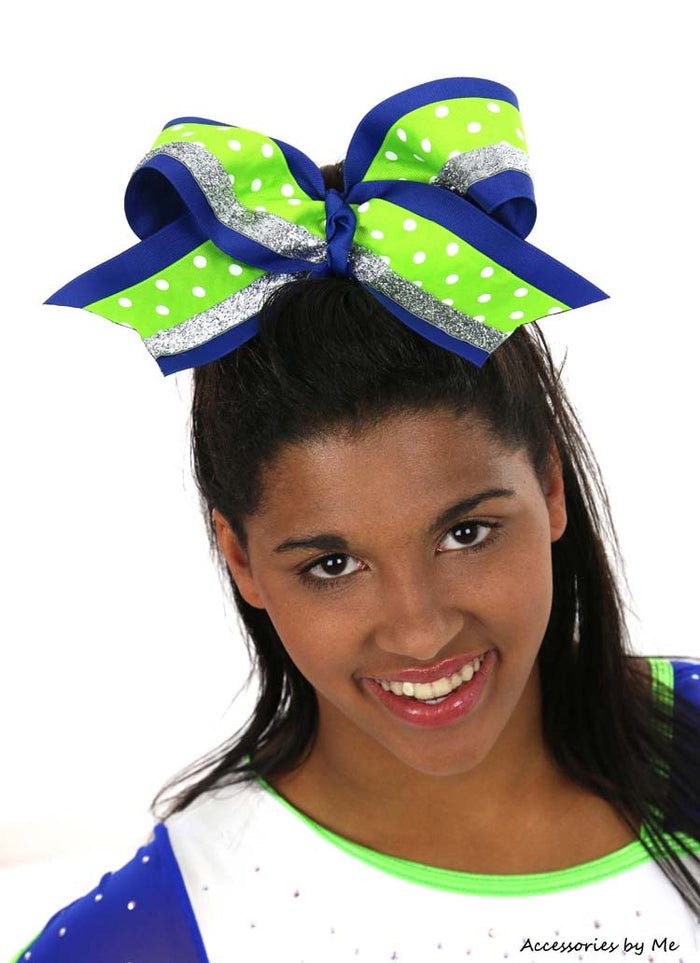 Royal Blue, Lime Polka Dots, Silver Glitter Ribbon, Cheer Bow