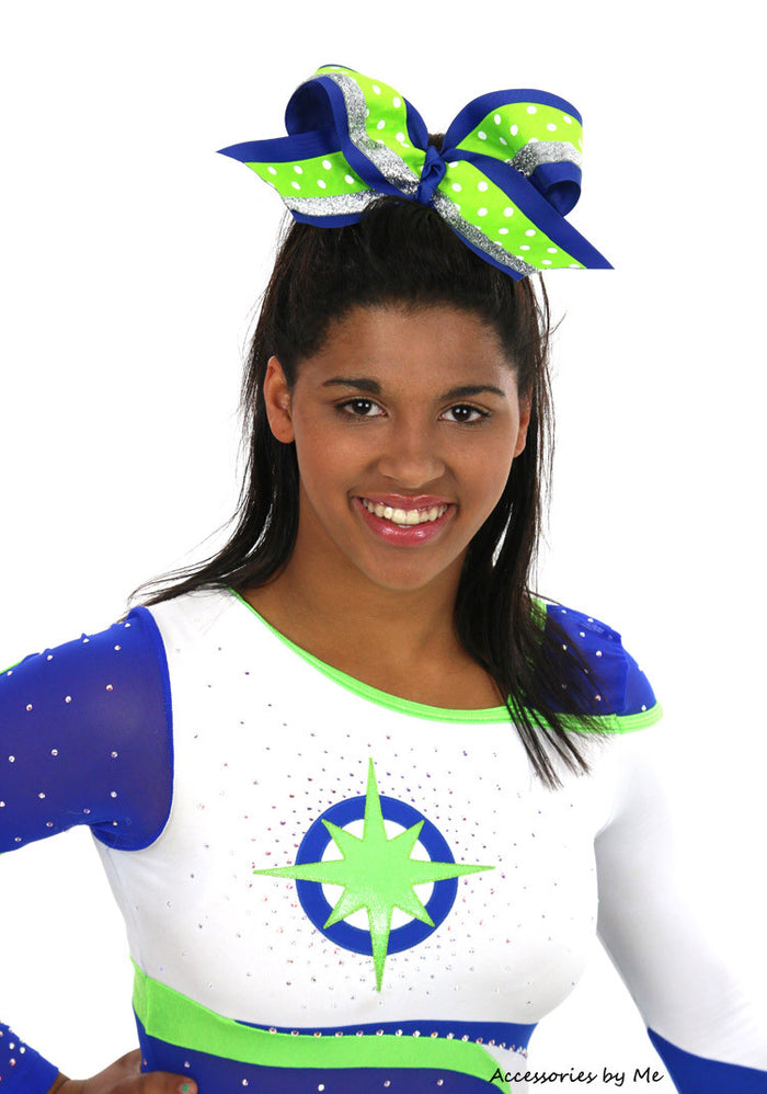 Royal Blue, Lime Polka Dots, Silver Glitter Ribbon, Cheer Bow