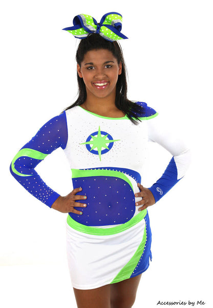 Royal Blue, Lime Polka Dots, Silver Glitter Ribbon, Cheer Bow