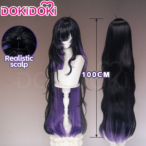 DokiDoki Game Cosplay Wig Long Curly Black Purple Highlight Hair