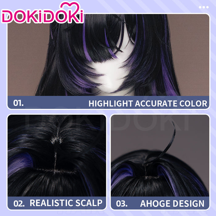 DokiDoki Game Cosplay Wig Long Curly Black Purple Highlight Hair