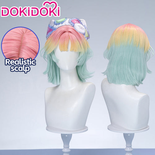 DokiDoki Game Path to Nowhere Cosplay Poffy Wig Short Mint Green Light Yellow Pink Gradient Hair