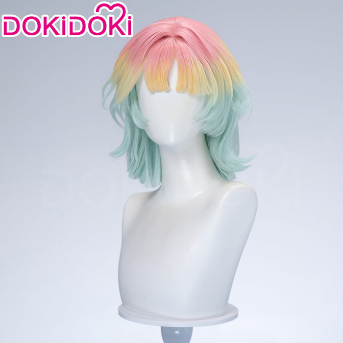 DokiDoki Game Path to Nowhere Cosplay Poffy Wig Short Mint Green Light Yellow Pink Gradient Hair