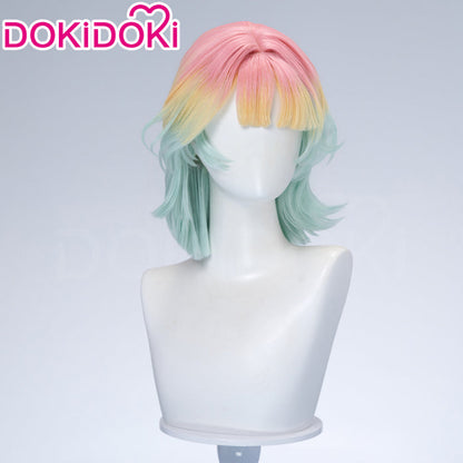 DokiDoki Game Path to Nowhere Cosplay Poffy Wig Short Mint Green Light Yellow Pink Gradient Hair