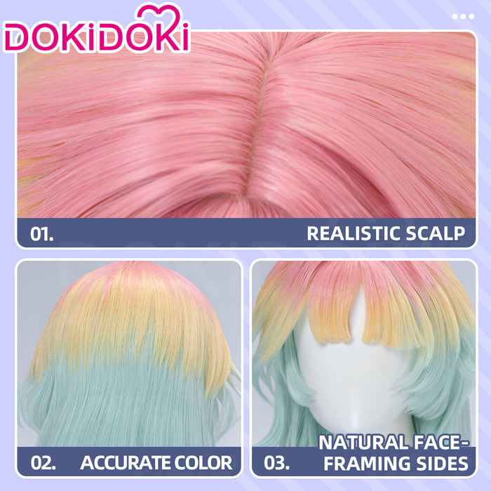 DokiDoki Game Path to Nowhere Cosplay Poffy Wig Short Mint Green Light Yellow Pink Gradient Hair