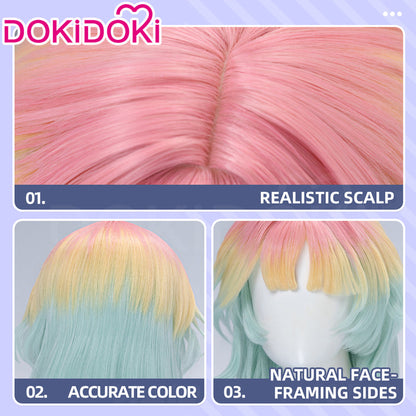 DokiDoki Game Path to Nowhere Cosplay Poffy Wig Short Mint Green Light Yellow Pink Gradient Hair