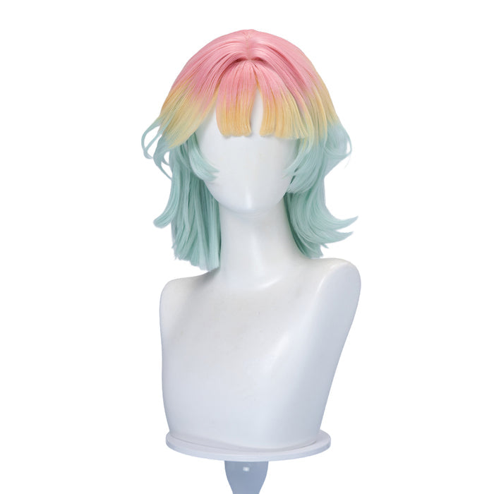 DokiDoki Game Path to Nowhere Cosplay Poffy Wig Short Mint Green Light Yellow Pink Gradient Hair