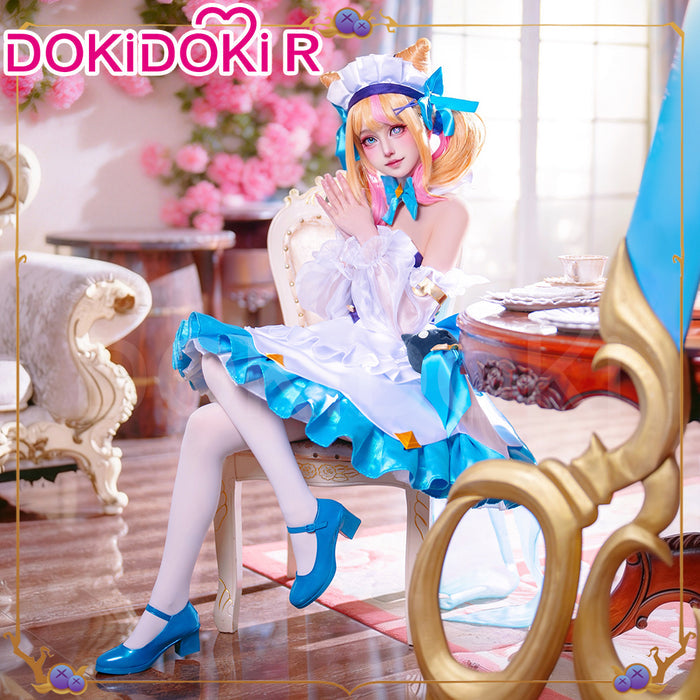 DokiDoki-R Game Cosplay Gween Costume White Blue Maid Dress Prestigee Cafee Cutties