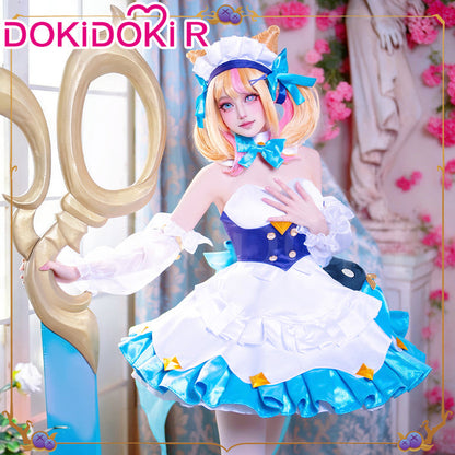 DokiDoki-R Game Cosplay Gween Costume White Blue Maid Dress Prestigee Cafee Cutties