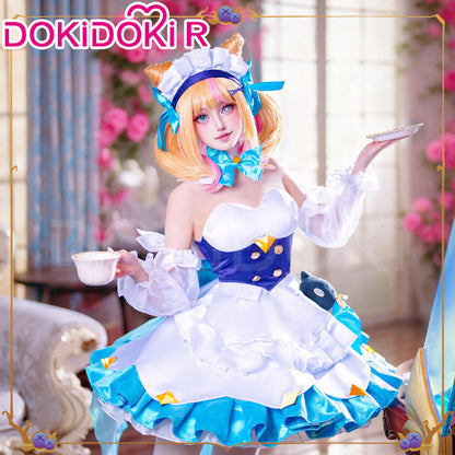 DokiDoki-R Game Cosplay Gween Costume White Blue Maid Dress Prestigee Cafee Cutties