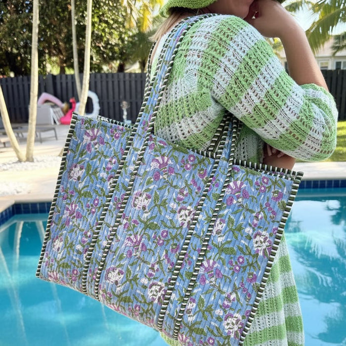 Everyday Quilted Tote Bag Quilted Block-Print Tote Bag | Colorful Gift for Her | The Red Owl Bags