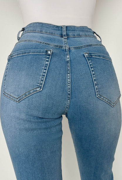 Fierce Forever Mid Blue Stretch Distressed Turn Up Mom Jeans