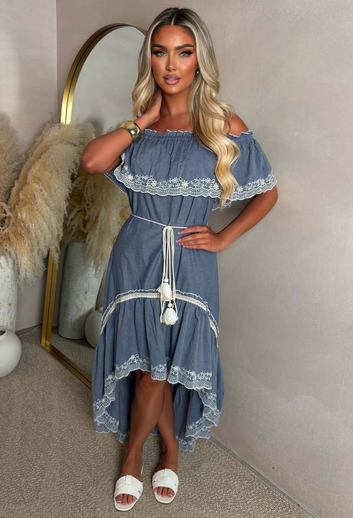 Flirt And Frill Blue Bardot Boho Lace Trim Chambray Dress