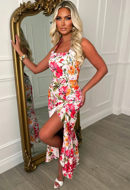 Floral Fantasy Multi Frill Front Halter Floral Midi Dress