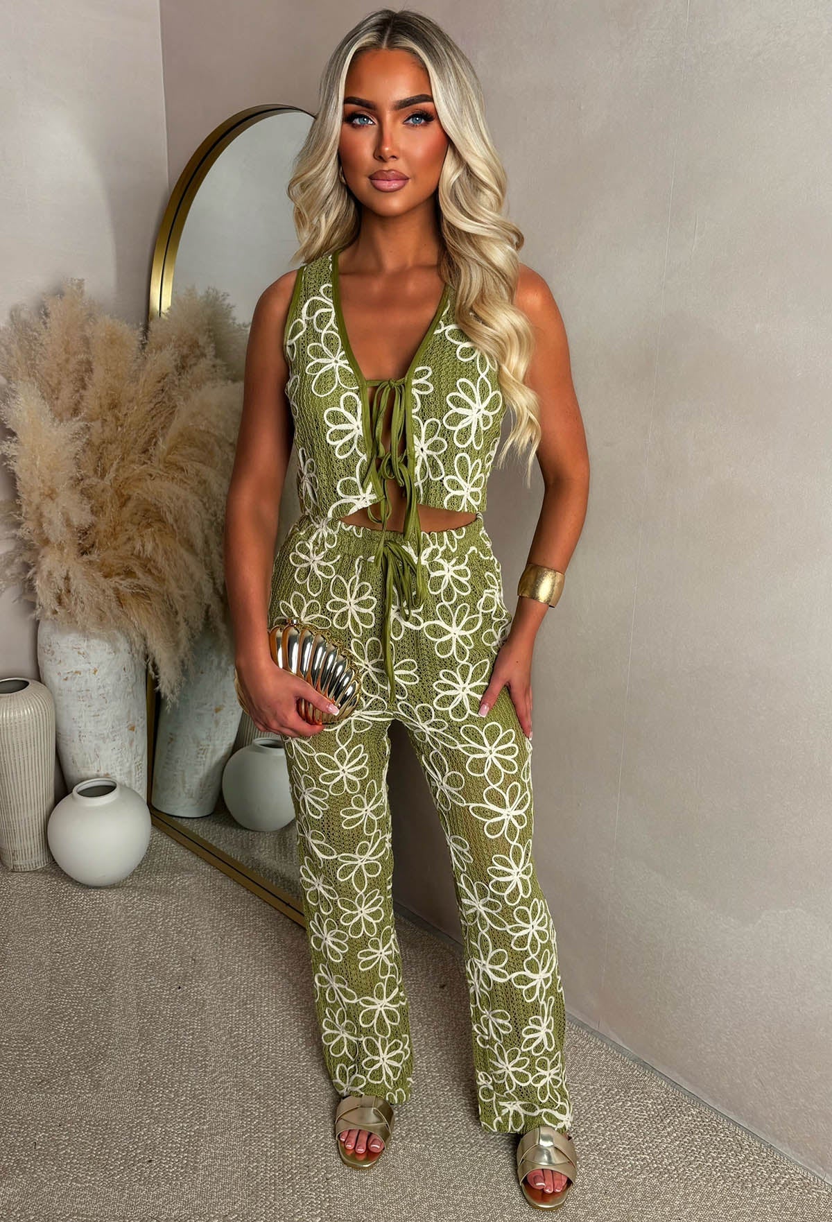 Floral Getaway Khaki Flower Embroidered Top & Trouser Co-ord Set