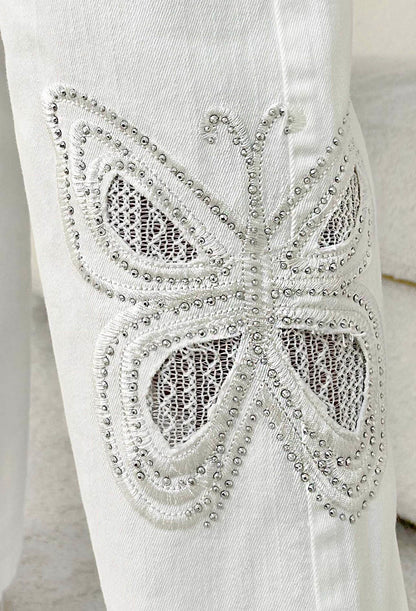 Flutter Effect White Butterfly Sparkling Stretch Straight Leg Jeans