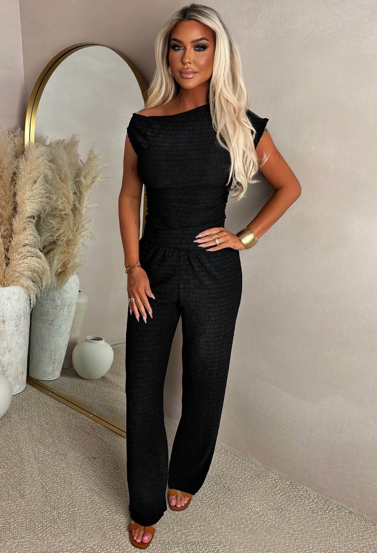 Forbidden Flame Black Ruched Shoulder Top
