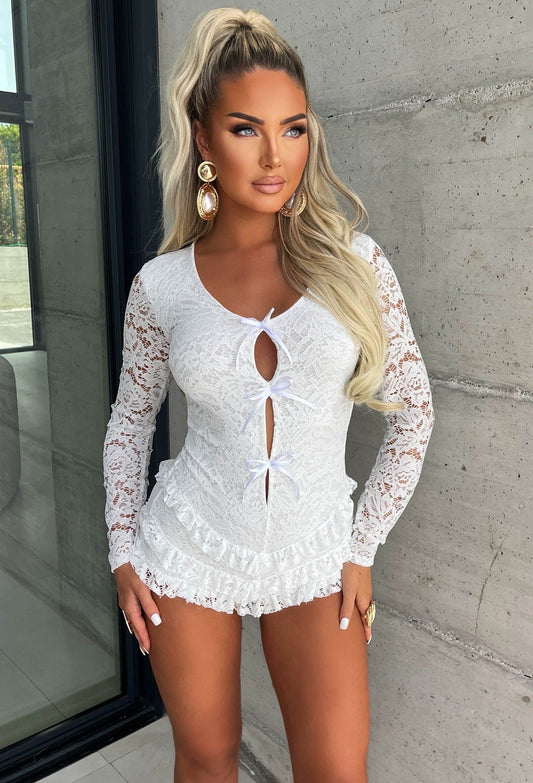 French Fancie White Frilly Bow Front Backless Playsuit