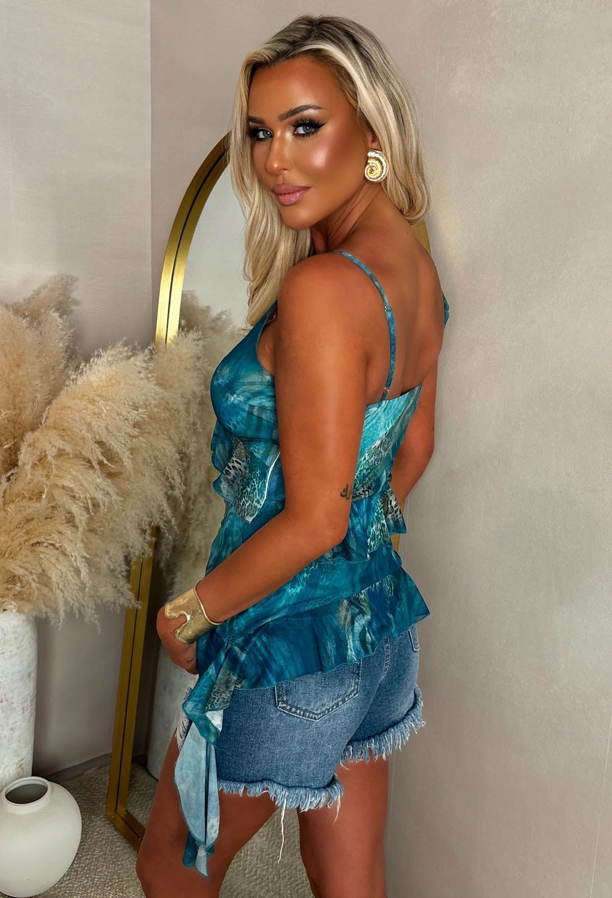 Frill & Fang Teal Leopard Print Mesh Frill Top