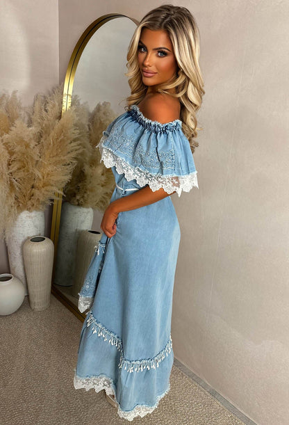 Fun To Flirt Blue Bardot Boho Lace Trim Chambray Dress