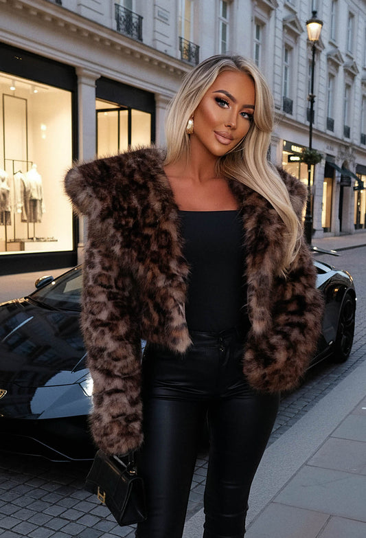 Furever Chic Leopard Animal Print Cropped Fur Coat