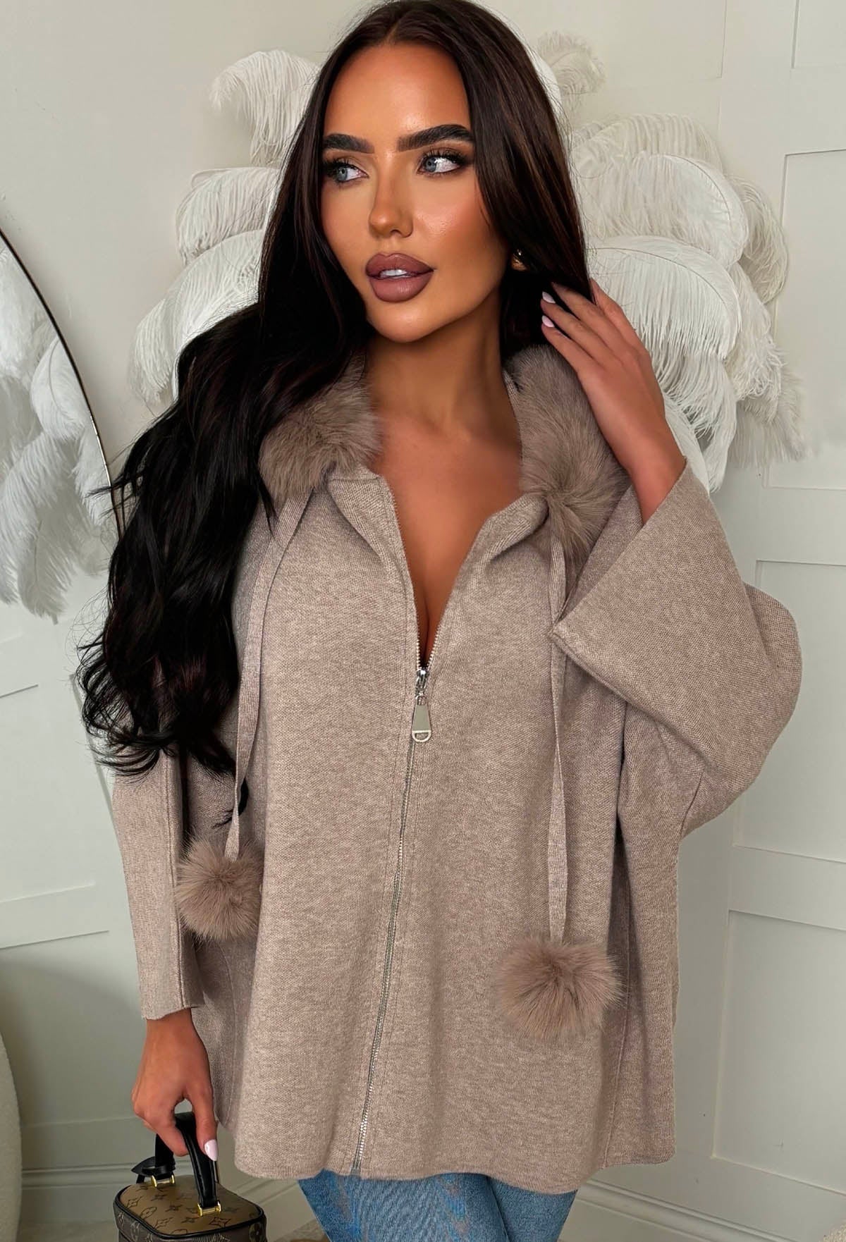 Furry Fantasy Taupe Batwing Pom Pom Detail Knitted Cardigan