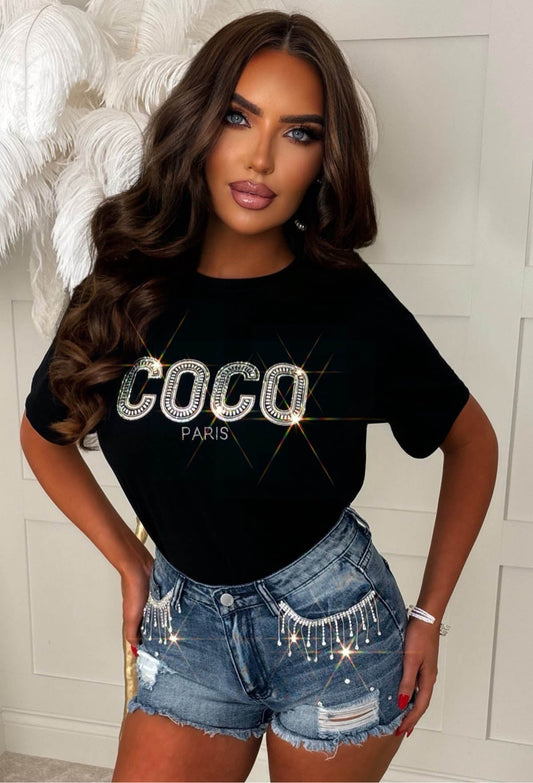 Gabrielle Glam Black Embellished Coco Paris T-shirt