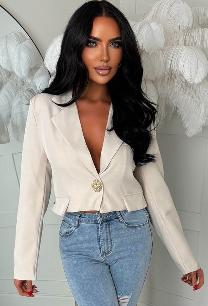 Gilded Grace Nude Cropped Gold Pin Button Blazer