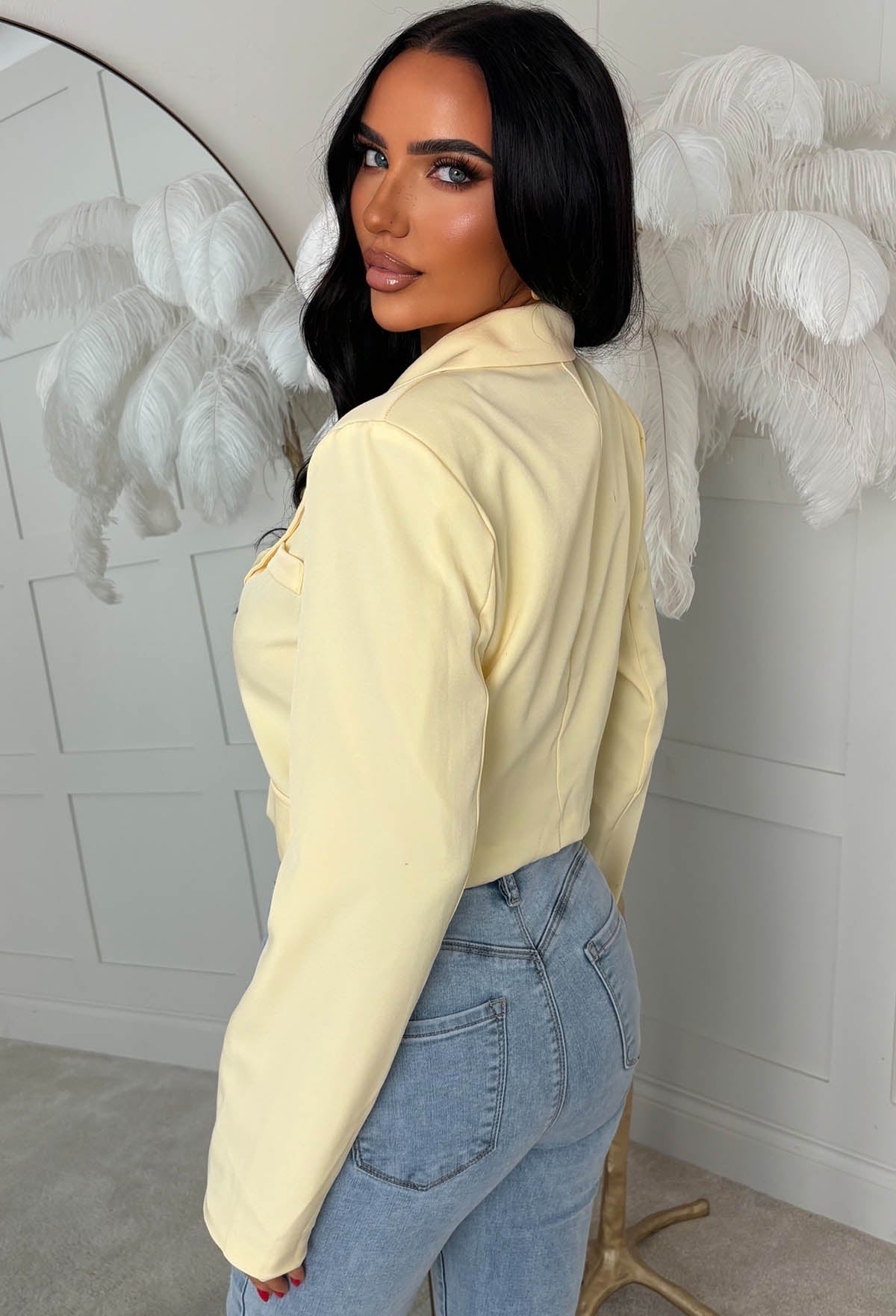 Gilded Grace Yellow Cropped Gold Pin Button Blazer