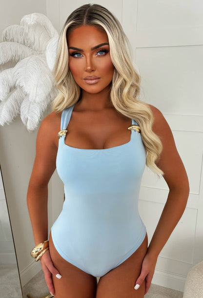 Girl Crush Light Blue Gold Buckle Stretch Bodysuit