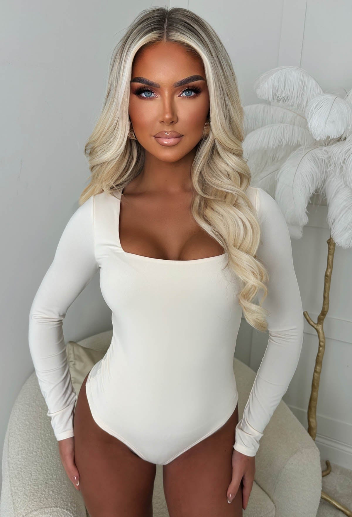 Girl Like Me Cream Square Neck Long Sleeve Bodysuit