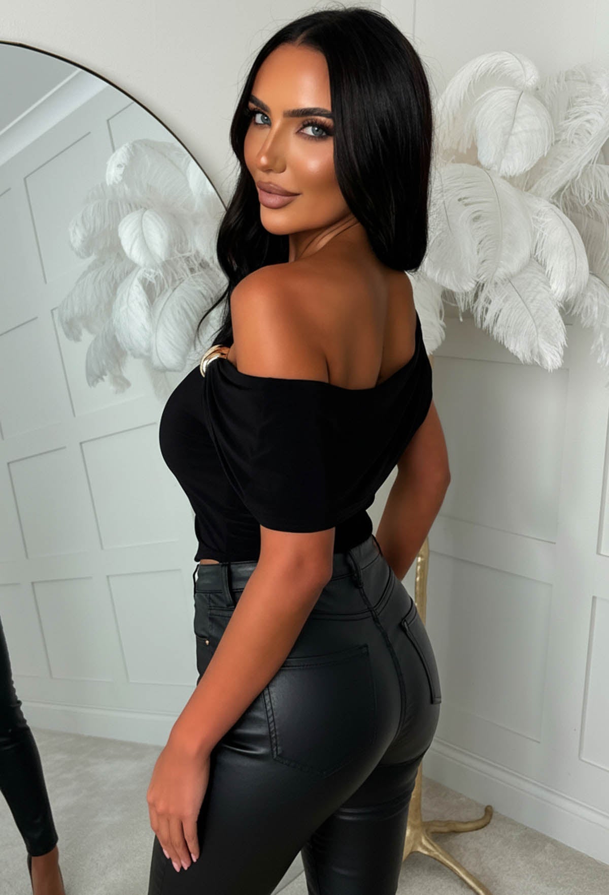 Gleam Curve Black Bardot Gold Detail Asymmetric Top
