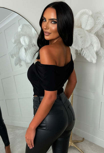 Gleam Curve Black Bardot Gold Detail Asymmetric Top