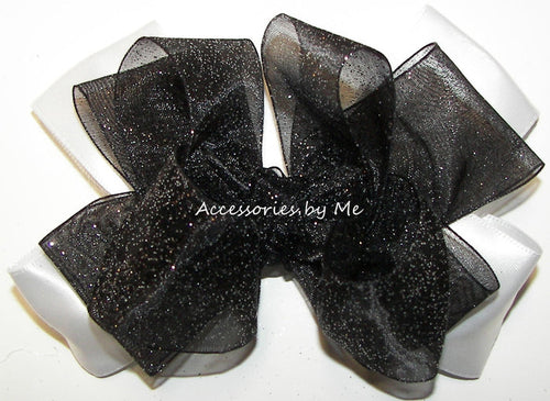 Glitzy Black White Organza Satin Hair Bow - Accessories by Me