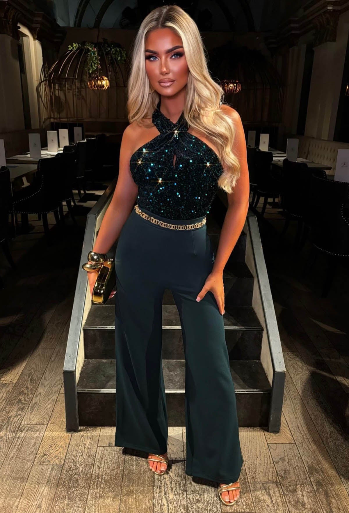Glitzy Girl Green Sequin Halter Neck Bodysuit