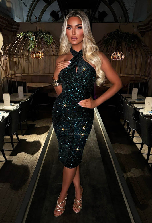 Glitzy Glamour Green Halterneck Sequin Dress
