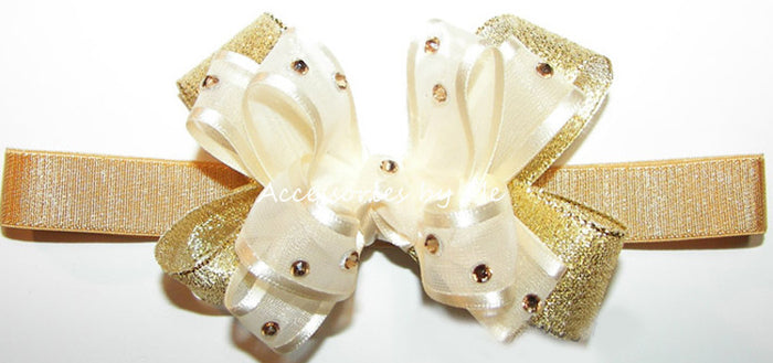 Ivory Gold Lame Small Bow Headband