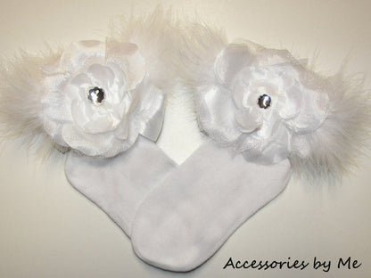 Glitzy White Peony Flower Marabou Socks