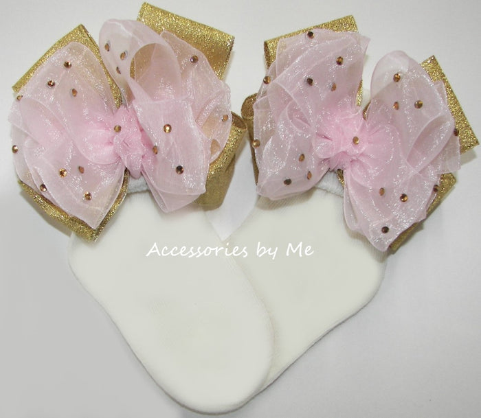 Glitzy Pink Organza and Gold Metallic Bow Socks
