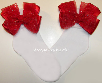 Glitzy Red Glitter Organza Bow Socks