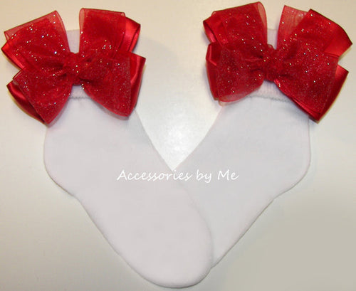 Glitzy Red Glitter Organza Bow Socks