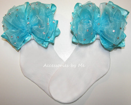 Glitzy Turquoise Organza Ruffle Bow Socks