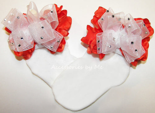 Glitzy White Orange Organza Ruffle Bow Socks