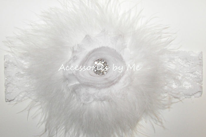 Frilly White Shabby Rose Marabou Bow Headband - Accessories by Me