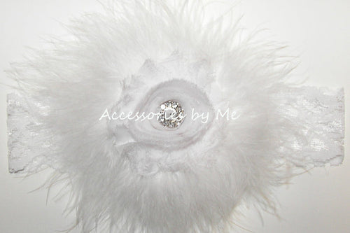 Frilly White Shabby Rose Marabou Bow Headband - Accessories by Me